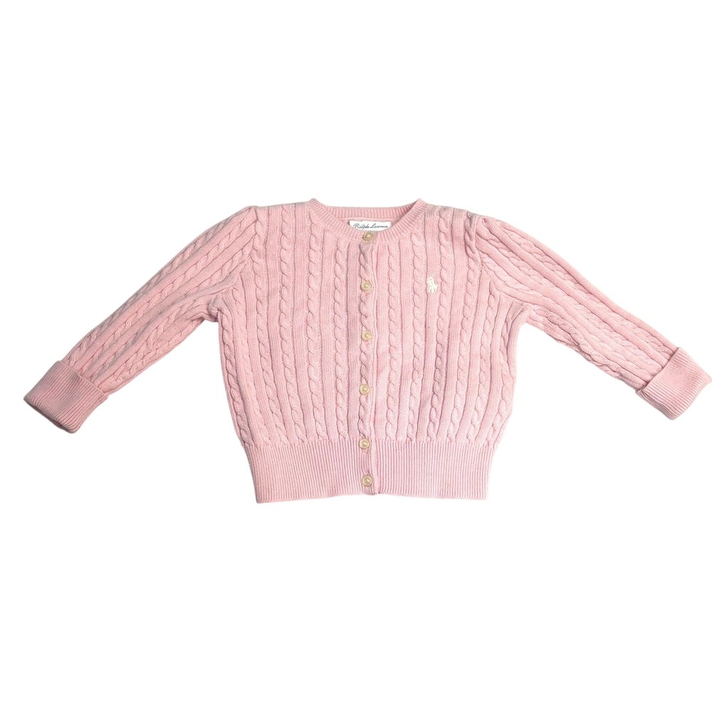 Ralph Lauren Cardigan Cable Knit Button Front Girls 12M Pink Pony Logo Baby